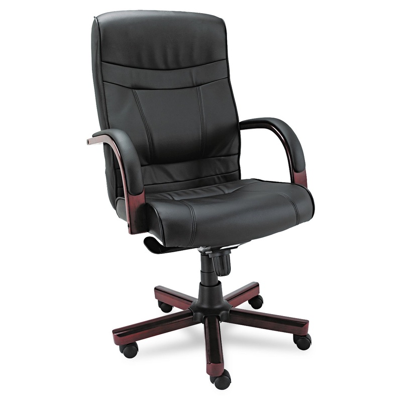 ALERA MADARIS SERIES HIGH-BACK KNEE TILT LEATHER CHAIR WITH WOOD TRIM, SUPPORTS UP TO 275 LBS, BLACK SEAT/BACK, MAHOGANY BASE