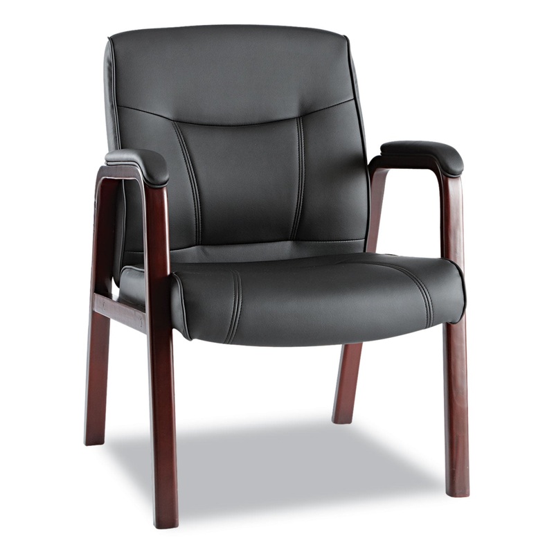 ALERA MADARIS SERIES LEATHER GUEST CHAIR WITH WOOD TRIM LEGS, 24.88" X 26" X 35", BLACK SEAT/BLACK BACK, MAHOGANY BASE
