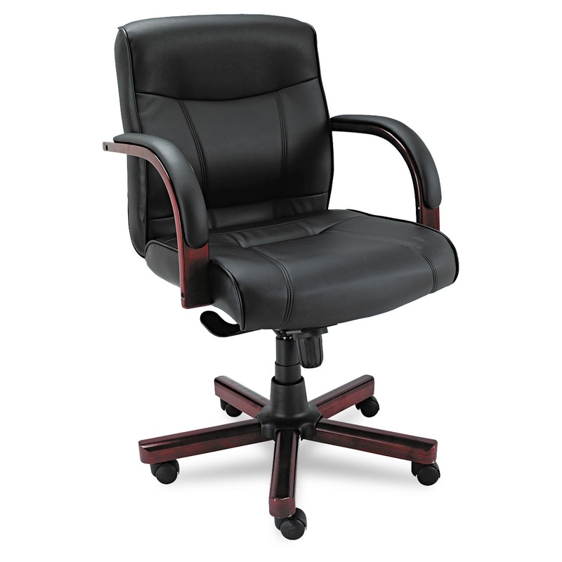 ALERA MADARIS SERIES MID-BACK KNEE TILT LEATHER CHAIR WITH WOOD TRIM, SUPPORTS UP TO 275 LBS., BLACK SEAT/BACK, MAHOGANY BASE