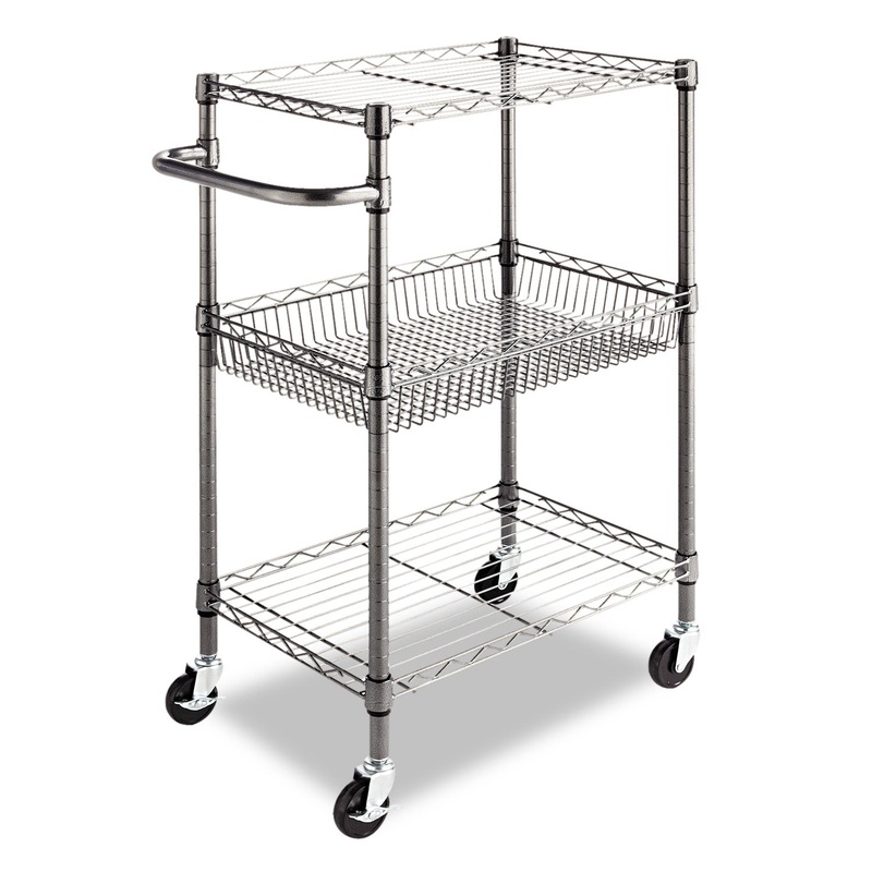 THREE-TIER WIRE CART WITH BASKET, 28W X 16D X 39H, BLACK ANTHRACITE