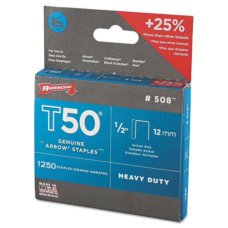 T50 HEAVY DUTY STAPLES, 0.5" LEG, 0.5" CROWN, STEEL, 1,250/PACK