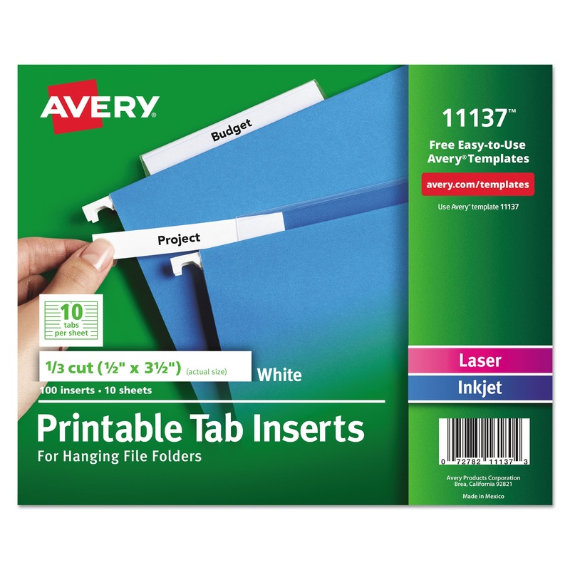 TABS INSERTS FOR HANGING FILE FOLDERS, 1/3-CUT TABS, WHITE, 3.5" WIDE, 100/PACK