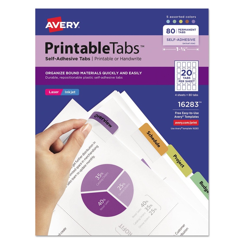PRINTABLE PLASTIC TABS WITH REPOSITIONABLE ADHESIVE, 1/5-CUT TABS, ASSORTED COLORS, 1.75" WIDE, 80/PACK